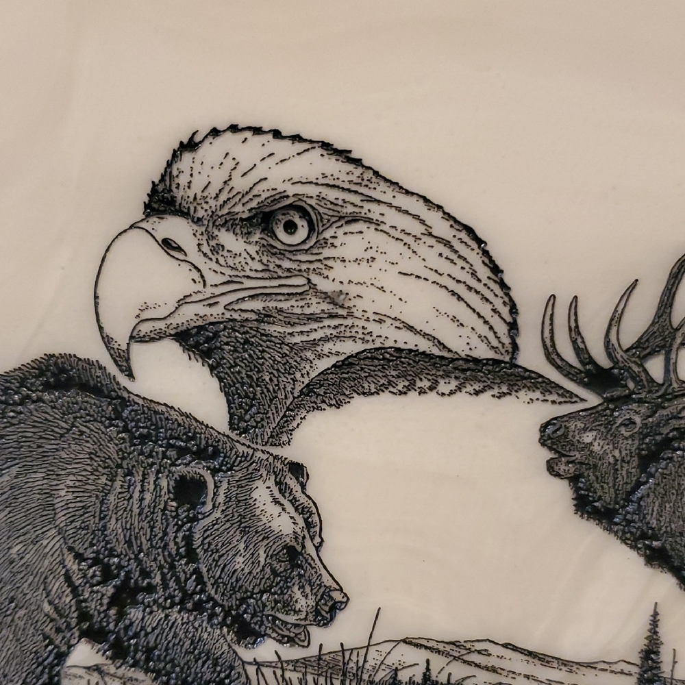Vintage Wood-Framed Wildlife Picture - Bear, Elk & Eagle in Black and White - Picture 6 of 7